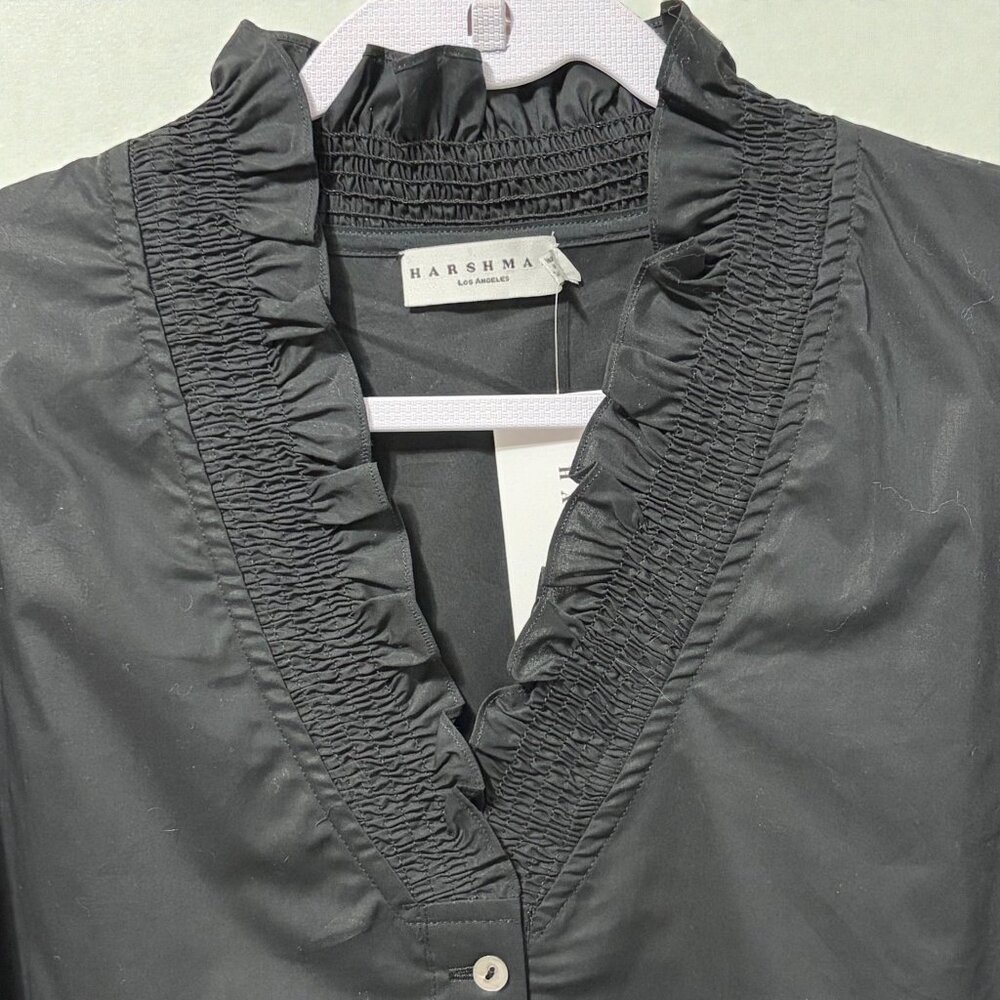 Harshman Bonnie Shirt 3X Black 100% Cotton Smocked V-Neck Puff Sleeve Boho Chic - Picture 3 of 11
